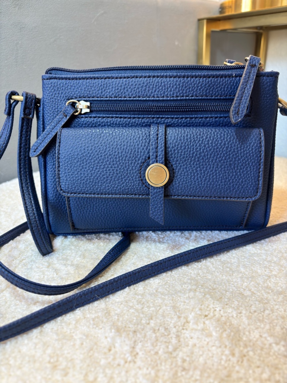 Navy Pebbled Crossbody with Front Flap Pocket - Unbranded